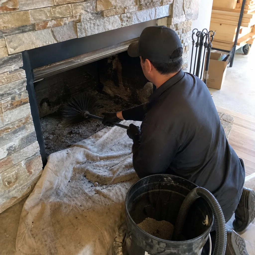 Professional chimney sweep cleaning soot from a fireplace interior