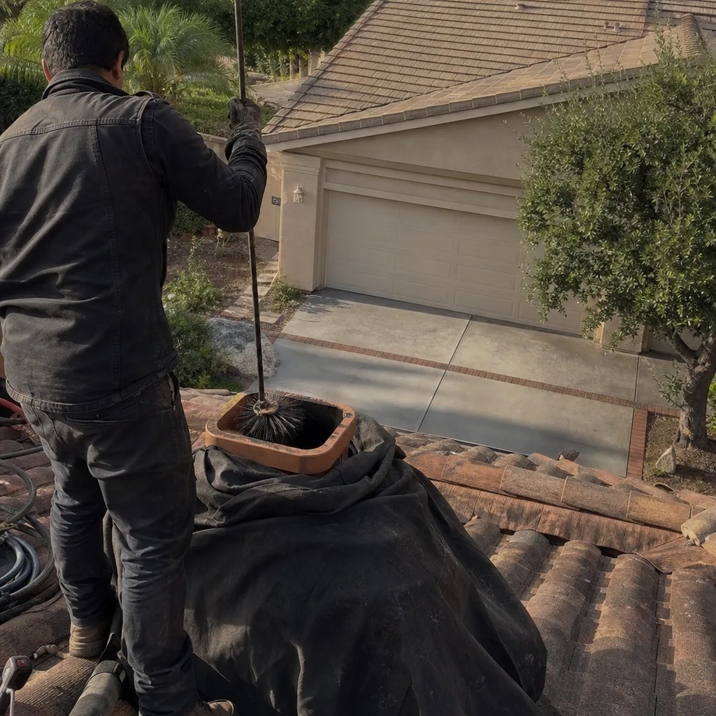 Professional chimney sweep cleaning a residential chimney on a tiled roof