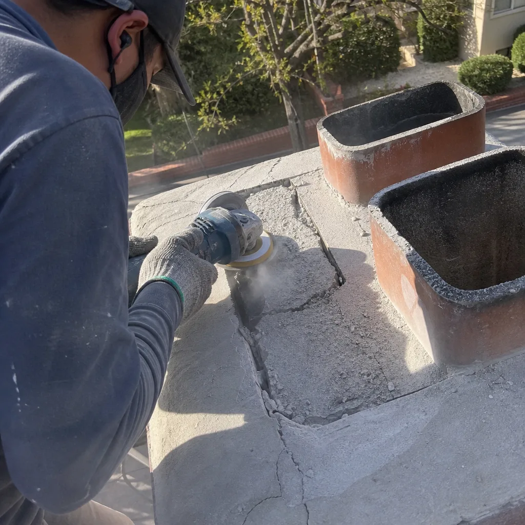 Professional performing chimney crown repair and masonry maintenance work
