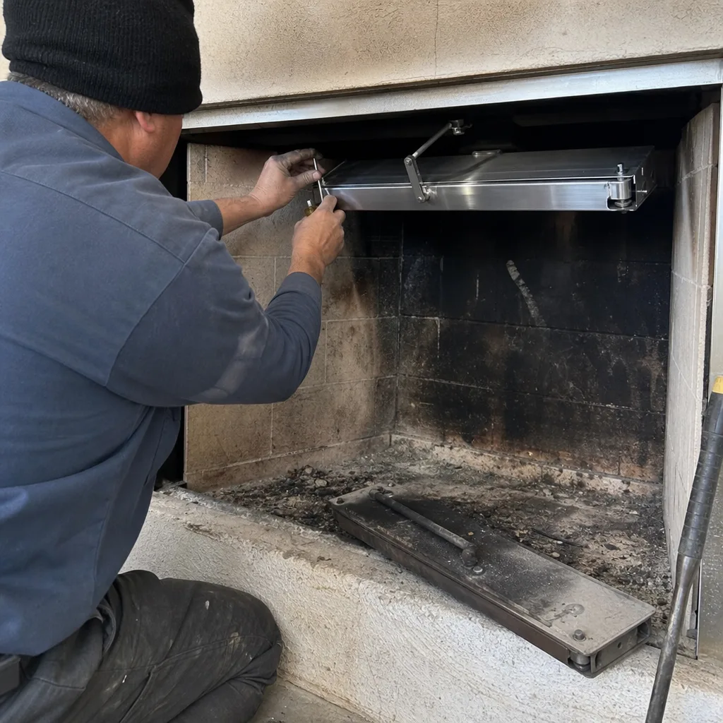 Technician installing a new stainless steel fireplace damper in a chimney